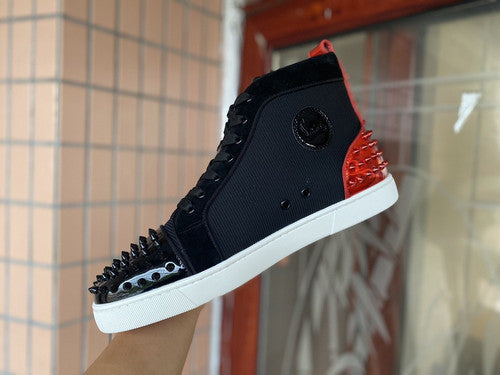 CL Men's Red/Black Spiked Canvas Mid-Top Sneaker